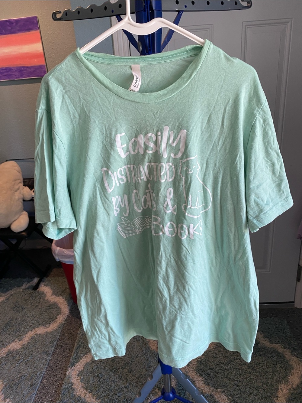 Bella Canvas Mint Green Graphic Tee 'Easily Distracted by Cats & Books'